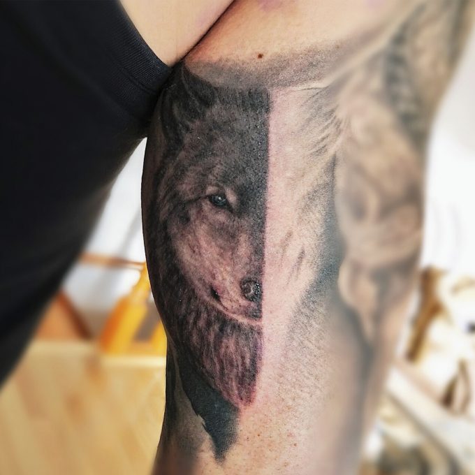 Tatuaje brazo Medio Lobo