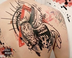 Tatuaje de Pájaro - Tattoo de lechuza estilo Trash Polka