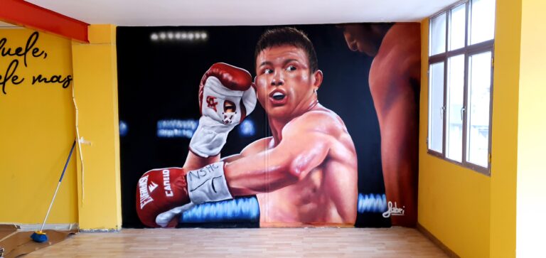 Mural con graffiti temática boxeo