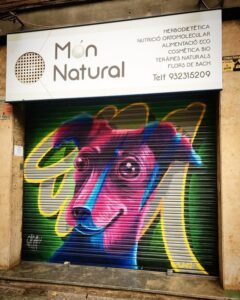 Graffiti locales comerciales - Decoración de persiana metálica en comercio Món Natural de Barcelona